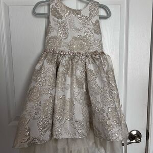 Rare Editions Ivory and Gold Floral Brocade Dress